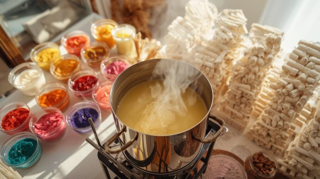 Wax melting with thermometer and candle making supplies for starting a candle business