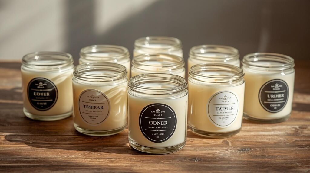 Finished handmade candles in jars ready to sell in a small candle making business