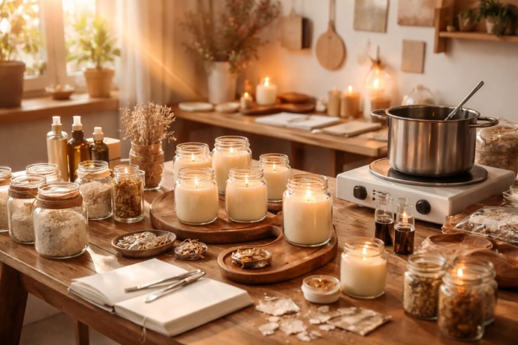 Handmade candle making business workspace with wax, jars, and tools for beginners in 2026