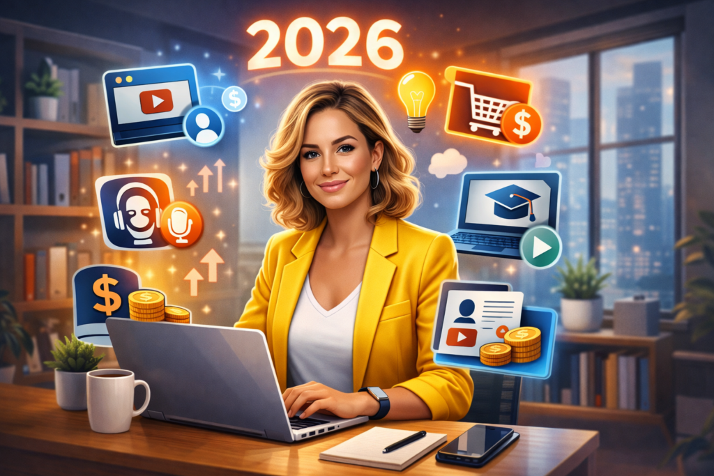 Illustration of a confident person making money online in 2026 using personality, creativity, and digital tools