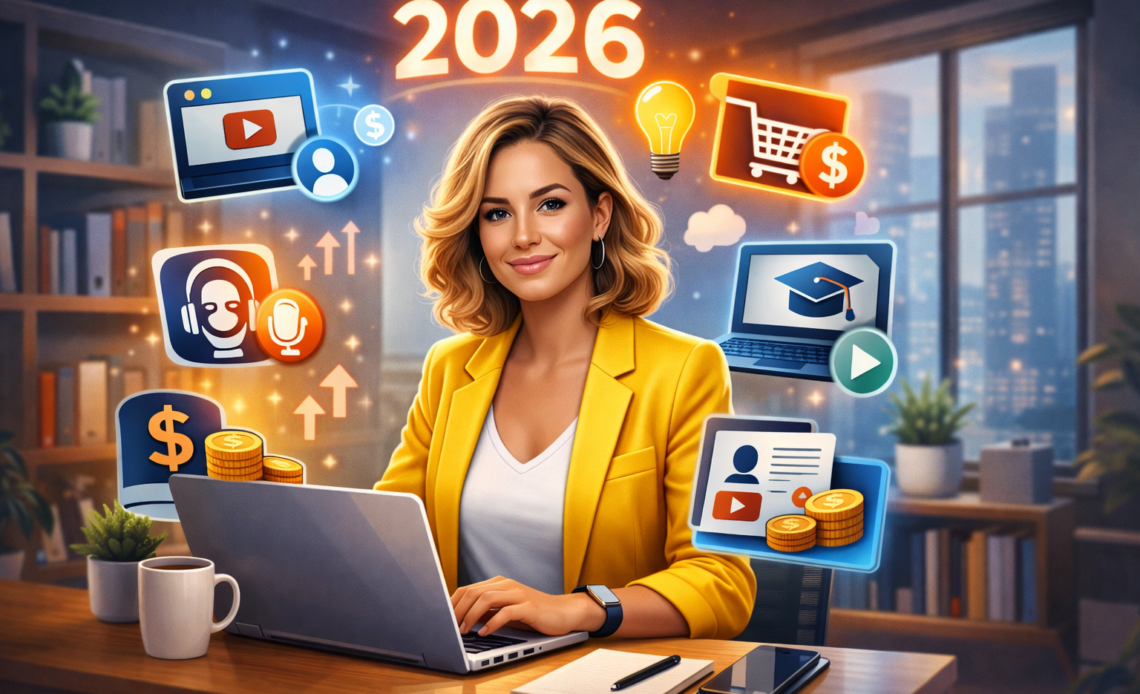 Illustration of a confident person making money online in 2026 using personality, creativity, and digital tools