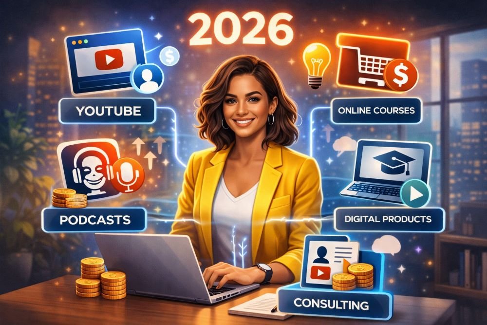 Illustration showing ways to make money online in 2026 through YouTube, courses, podcasts, and consulting using personality