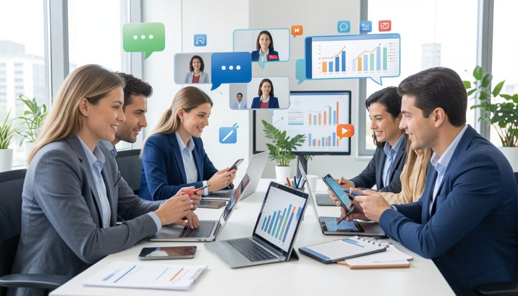 Employees collaborating using communication software in modern office