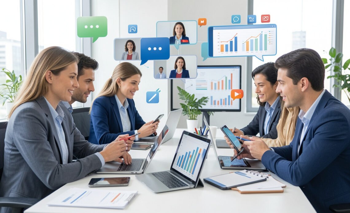 Employees collaborating using communication software in modern office