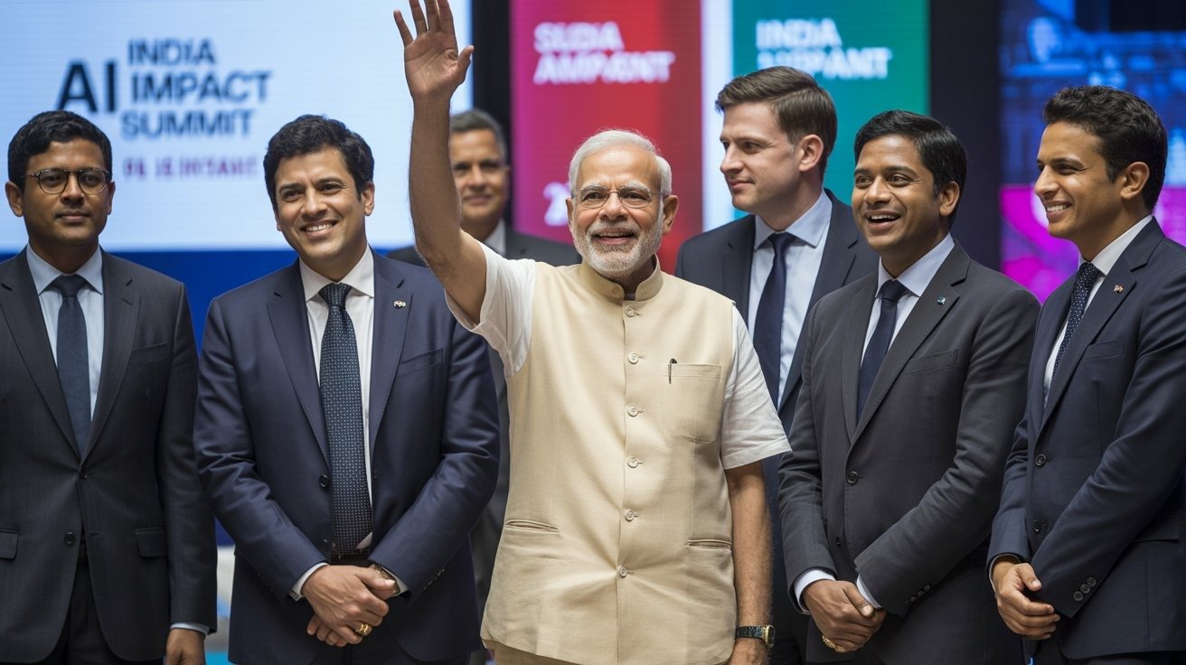 Indian Prime Minister Narendra Modi waving at the India AI Impact Summit alongside global technology and business leaders.