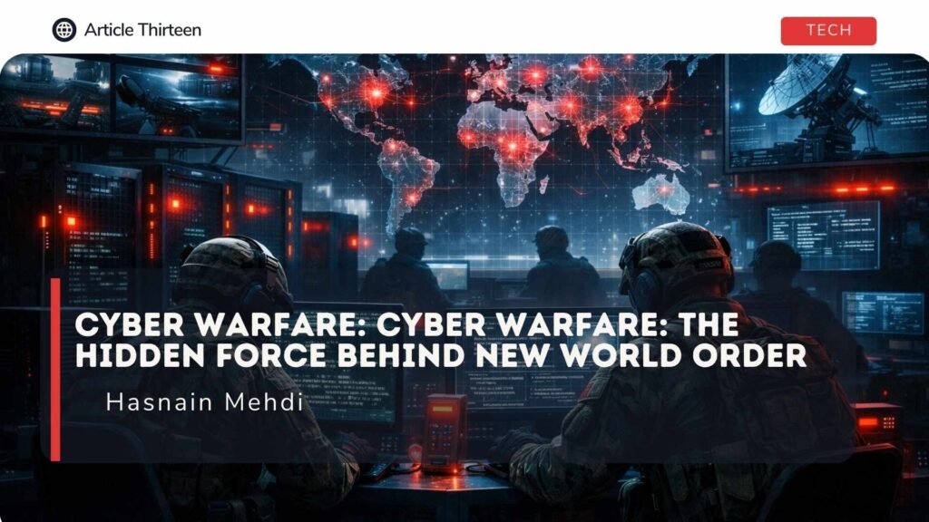 Cyber warfare concept showing hackers, servers, and global networks disrupting technology and infrastructure