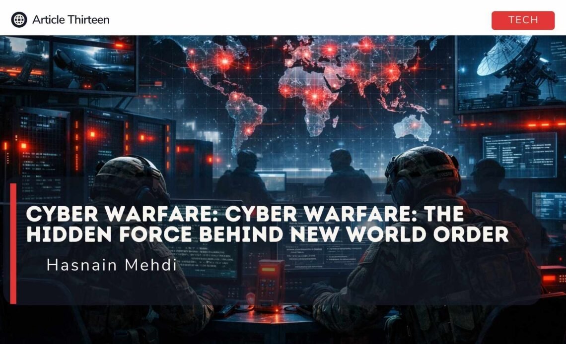 Cyber warfare concept showing hackers, servers, and global networks disrupting technology and infrastructure