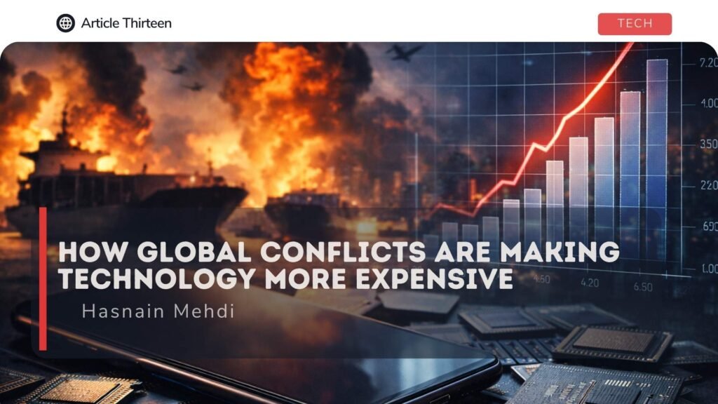 smartphone and semiconductor chips with rising price graph showing impact of global conflicts on technology costs