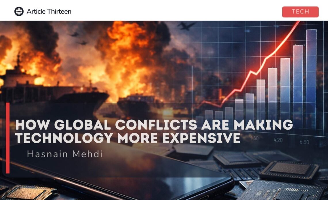 smartphone and semiconductor chips with rising price graph showing impact of global conflicts on technology costs