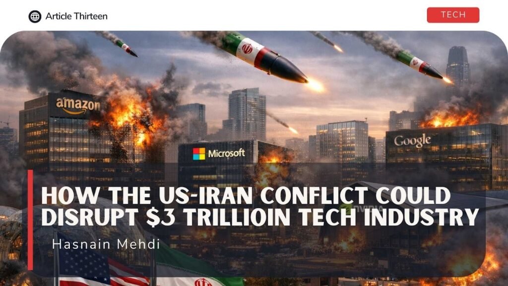 Global tech industry at risk due to US-Iran geopolitical conflict, showing digital infrastructure and satellites
