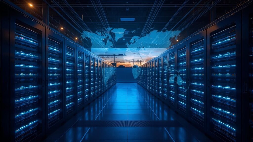 Large cloud data center infrastructure powered by global energy markets affected by Middle East oil supply risks