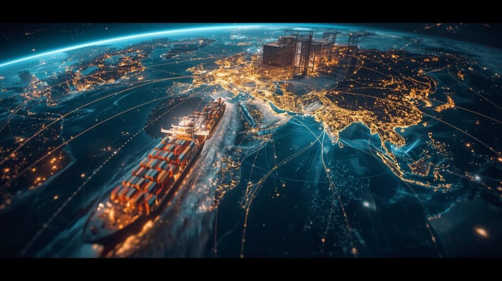 Global supply chain network connecting semiconductor factories, logistics routes, and technology manufacturing hubs