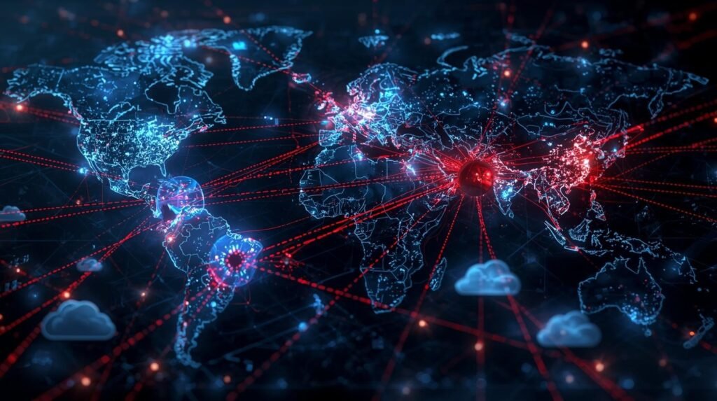 Cyber attack targeting global cloud infrastructure and digital networks during geopolitical conflict