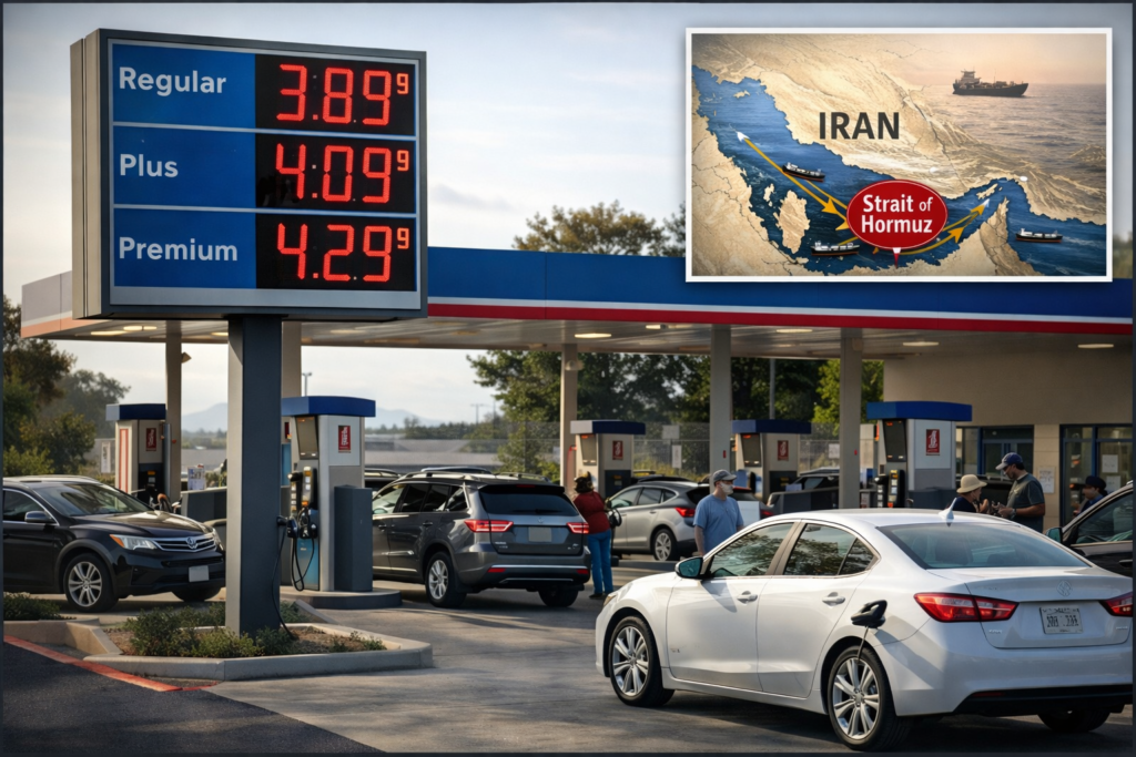Gasoline price display at a US gas station showing rising fuel costs due to global oil supply disruption from the Strait of Hormuz
