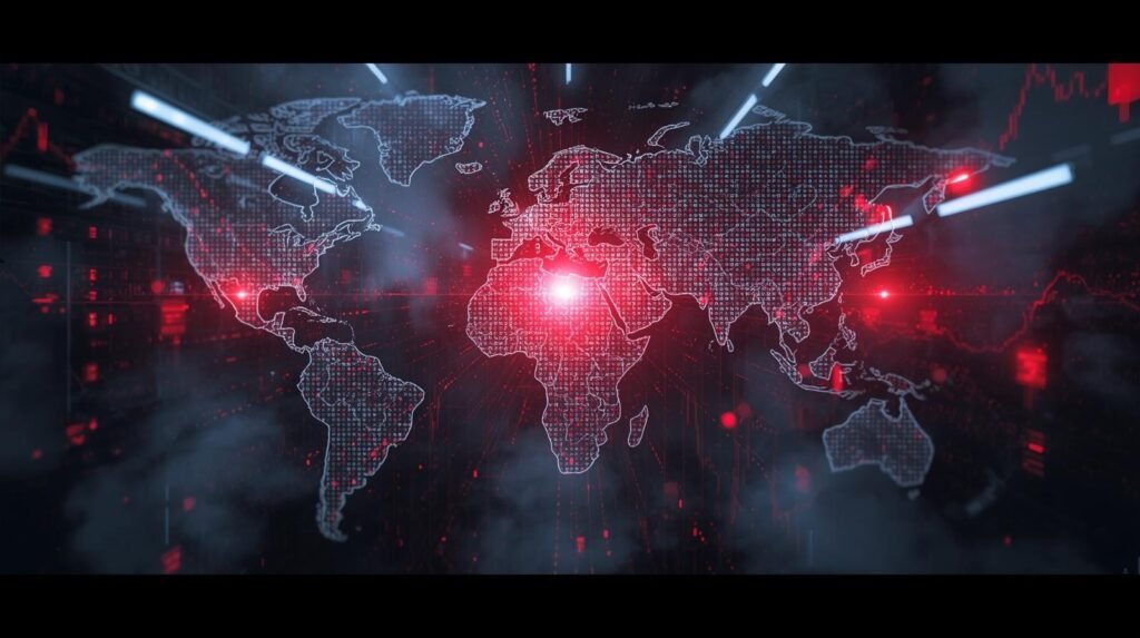 Cyber attack scenario disrupting financial markets, technology companies, and digital infrastructure worldwide.