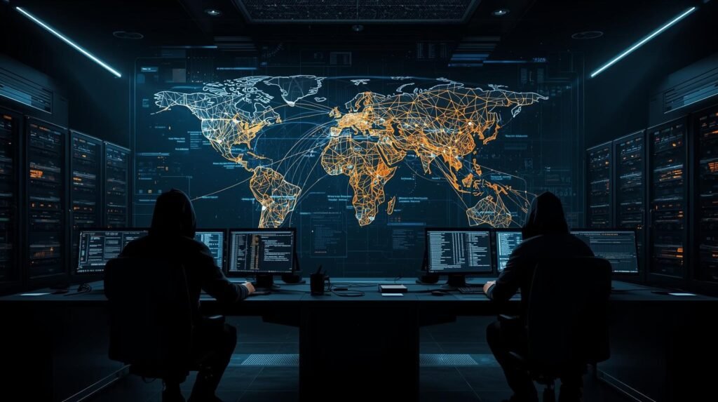 Visualization of cyber warfare showing hackers targeting global digital networks and critical infrastructure.