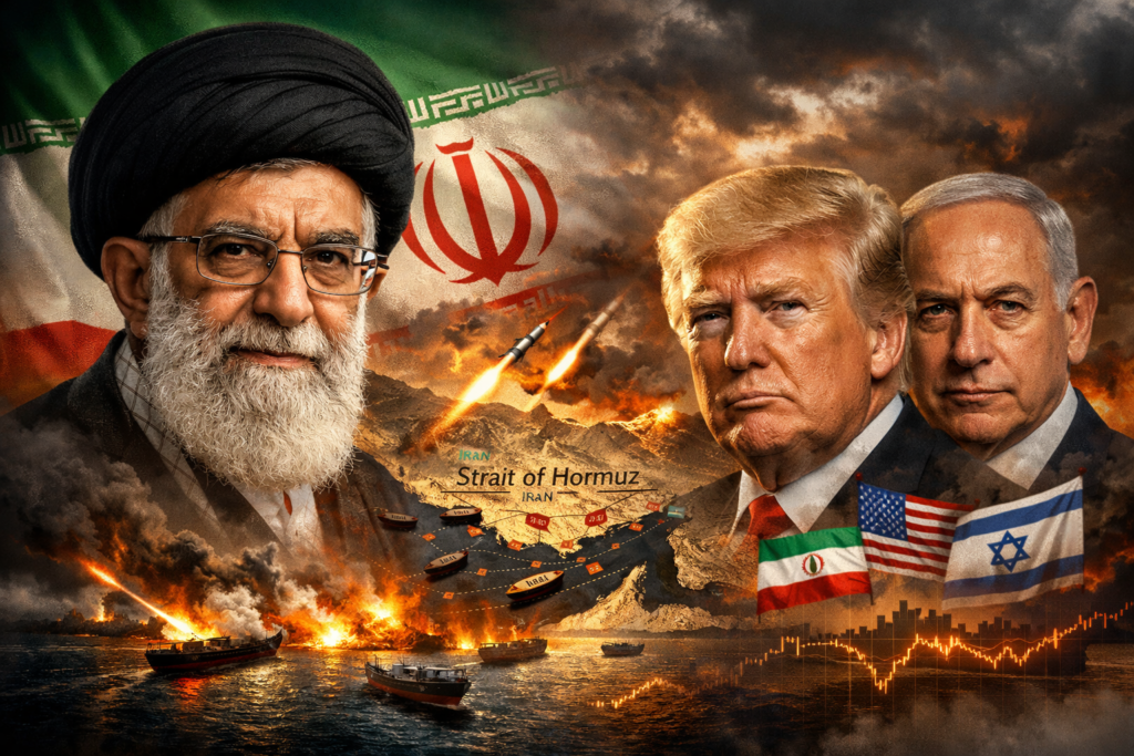 Strait of Hormuz oil tanker under geopolitical tension with rising oil price chart overlay