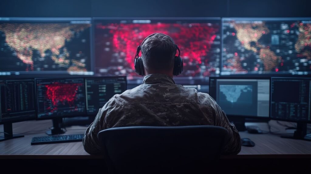 military analyst monitoring AI assisted targeting system on command center screens analyzing drone surveillance data