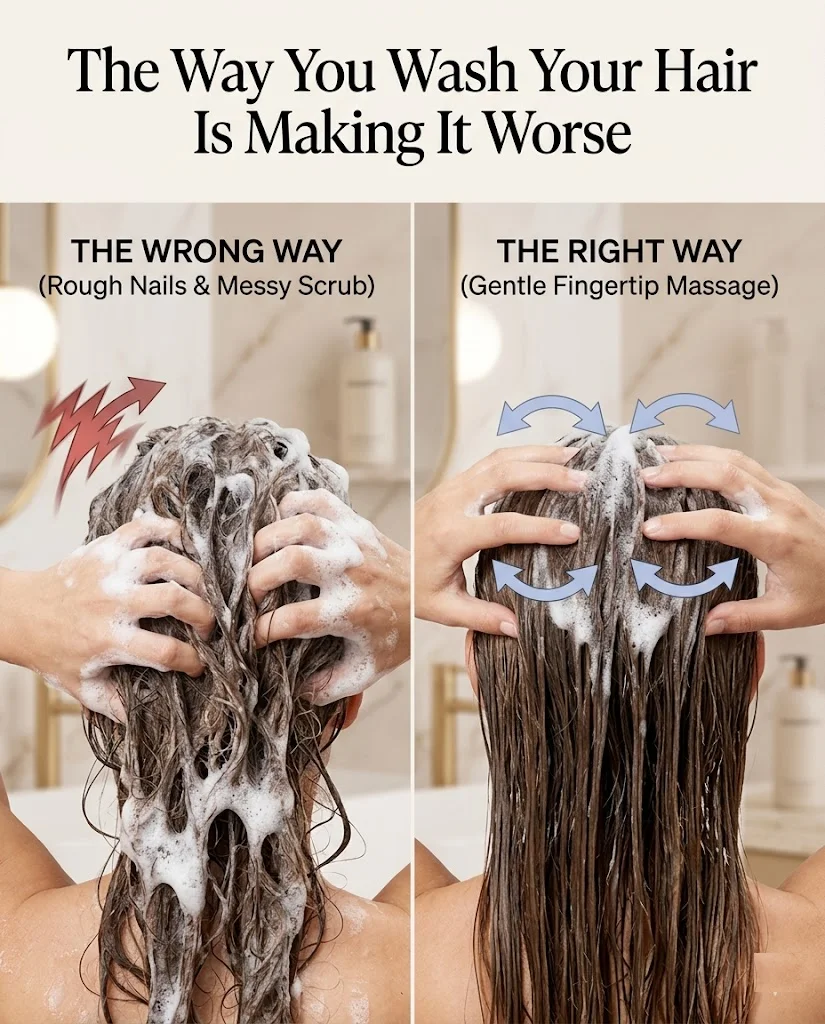 Correct scalp washing technique using fingertips not nails 