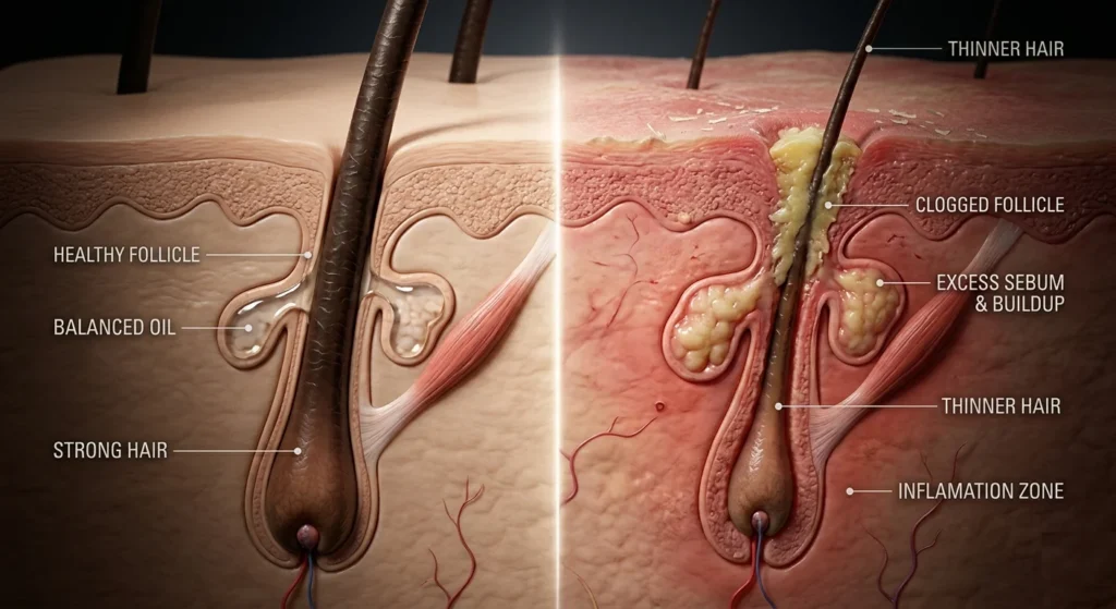 Healthy vs inflamed scalp showing hair thinning at follicle level 