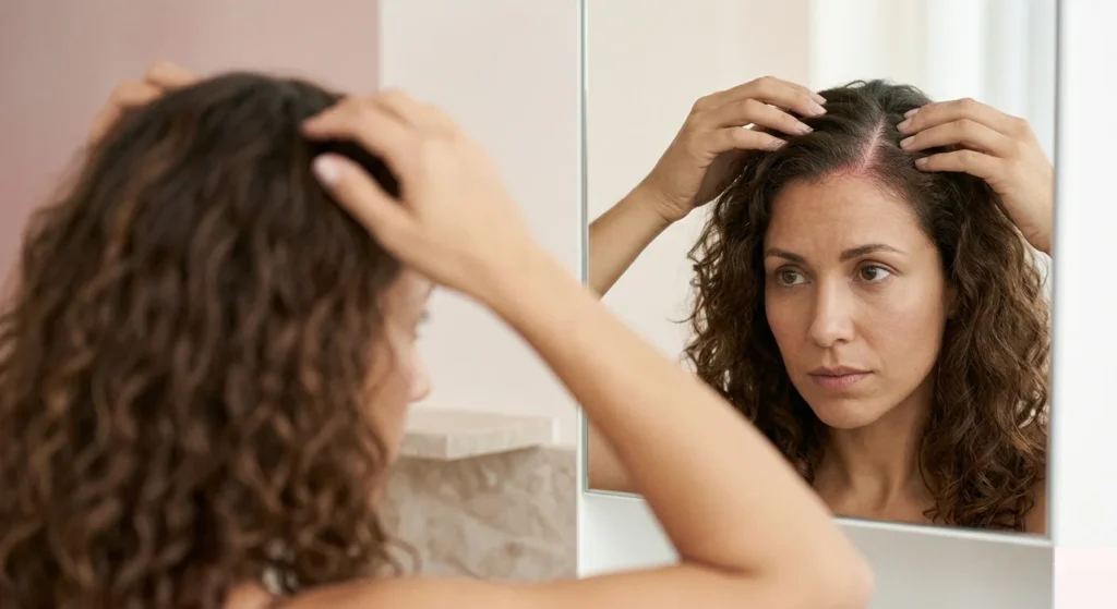 Woman parting hair showing thinning and irritated scalp close-up