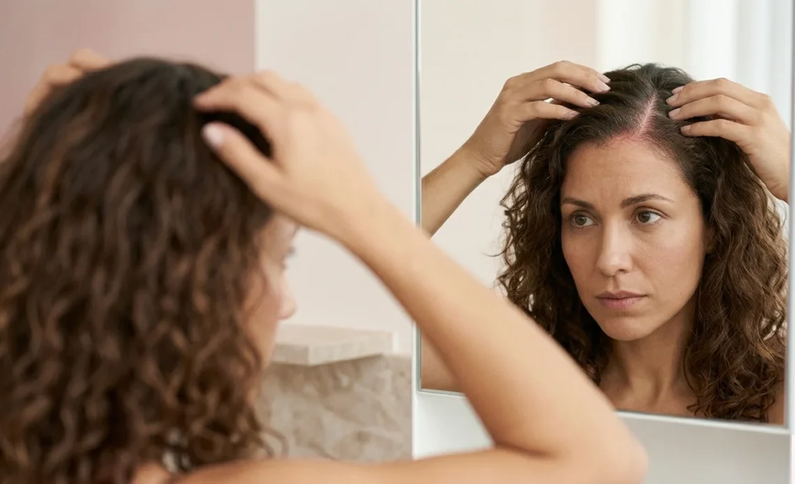 Woman parting hair showing thinning and irritated scalp close-up
