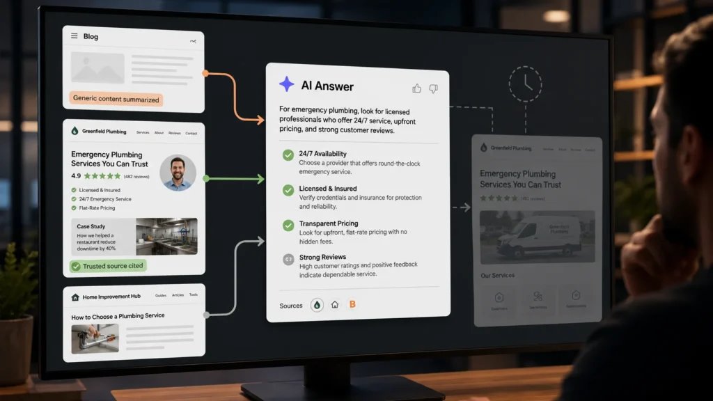 zero click AI search risk showing generic content being summarized without website visit