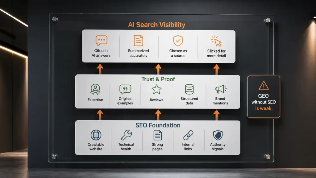GEO building on SEO foundation with technical health content trust and citations