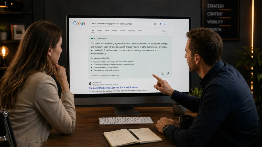 business owner viewing AI search results and SEO website visibility in 2026