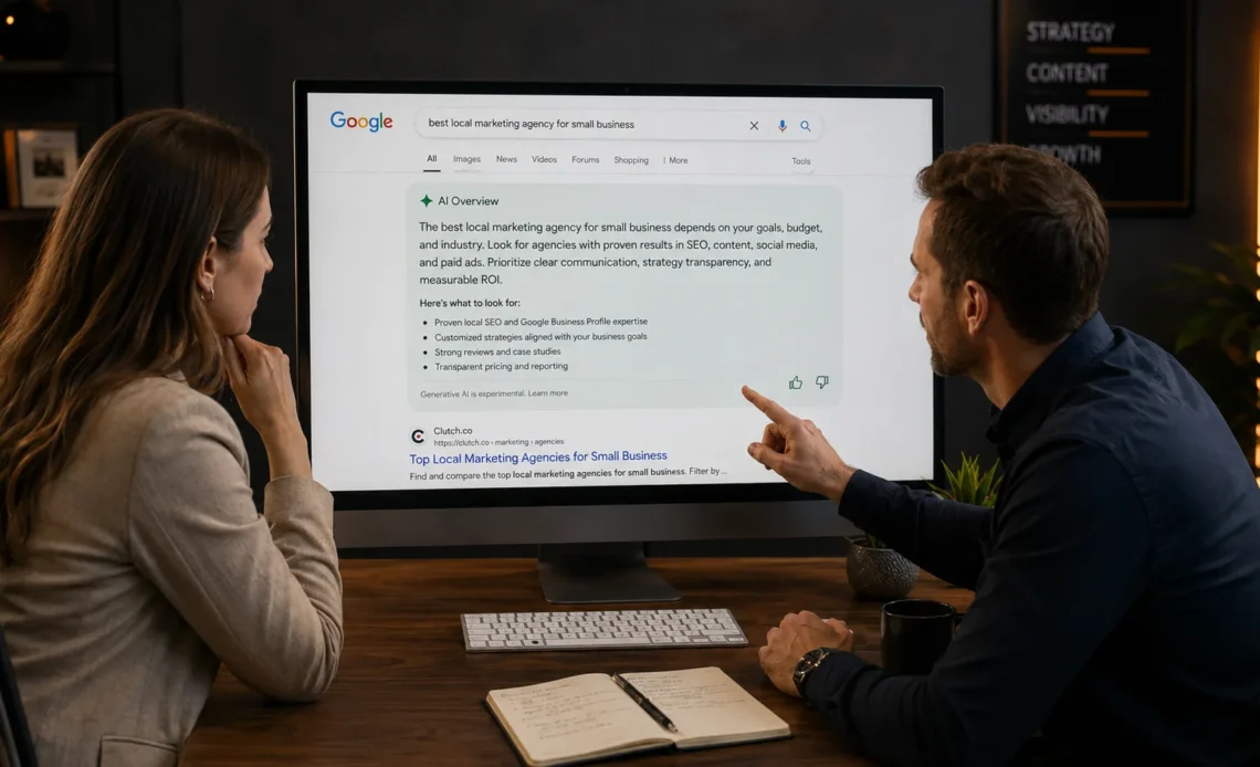 business owner viewing AI search results and SEO website visibility in 2026