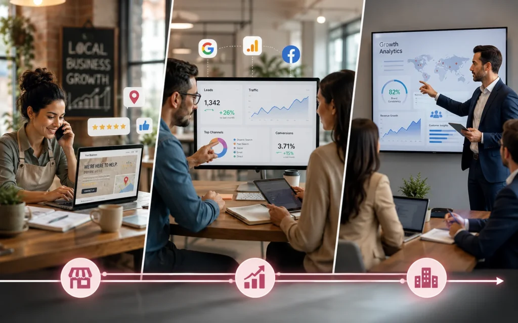 digital marketing growth stages showing small business local visibility growing business tracking and large business brand consistency