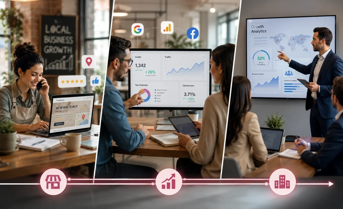 digital marketing growth stages showing small business local visibility growing business tracking and large business brand consistency