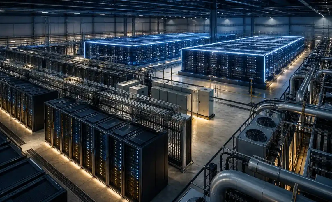 Large AI data center with separate compute clusters, power distribution and cooling systems