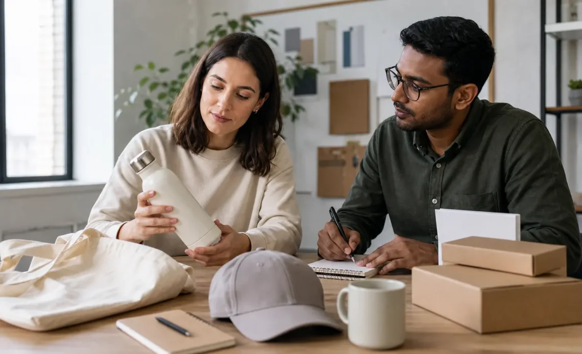 Marketing team inspecting unbranded promotional product samples before placing an order