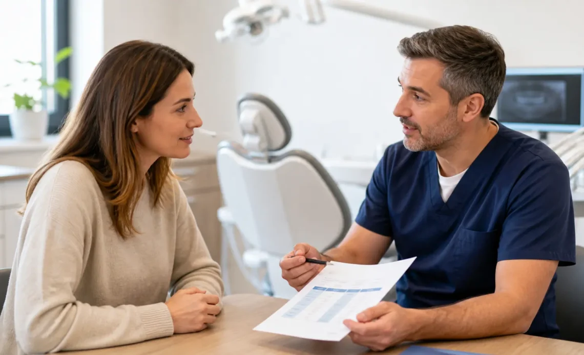 Patient discussing a written treatment plan with a dentist before booking care