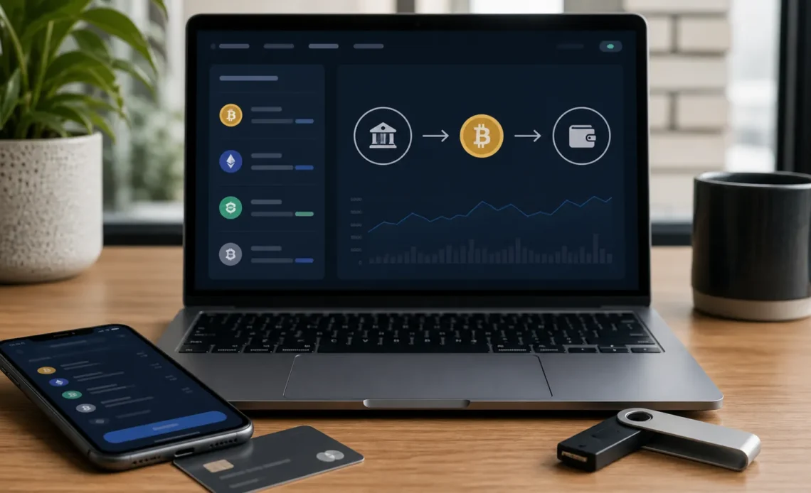 Laptop, phone, payment card and hardware wallet used to compare crypto on-ramp options