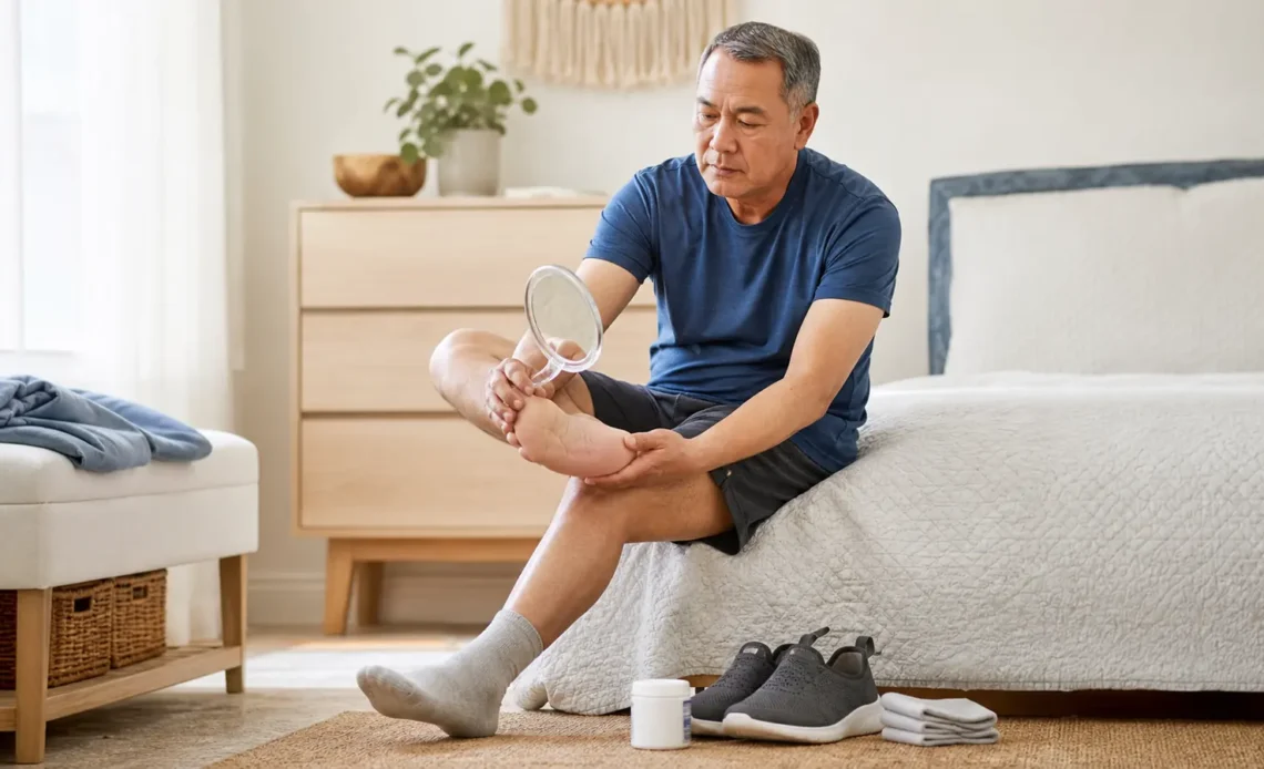 Adult inspecting the sole of one foot with a mirror beside clean socks and well-fitting shoes