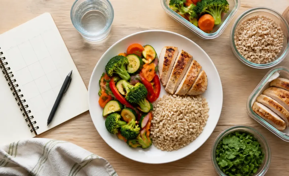 Balanced dinner plate with nonstarchy vegetables, protein and carbohydrate foods beside a simple weekly meal plan