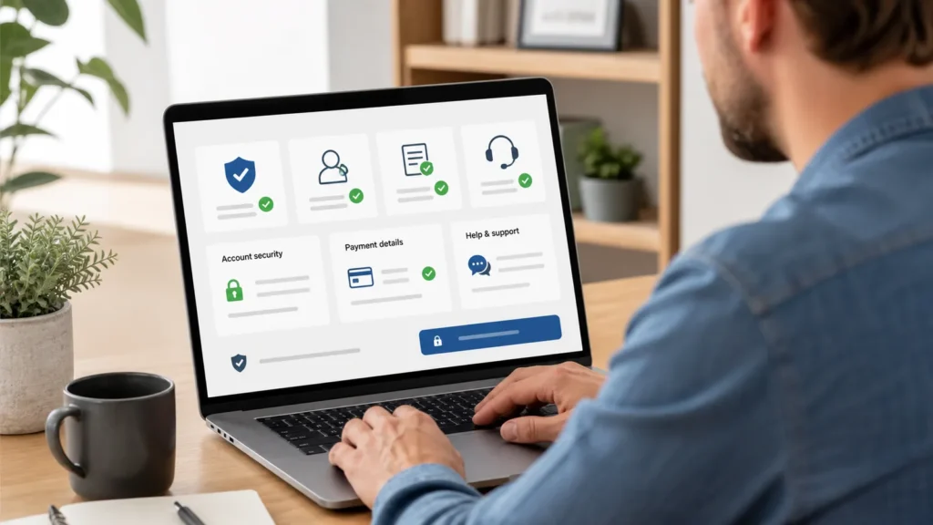 User reviewing account security, payment and support options on a laptop