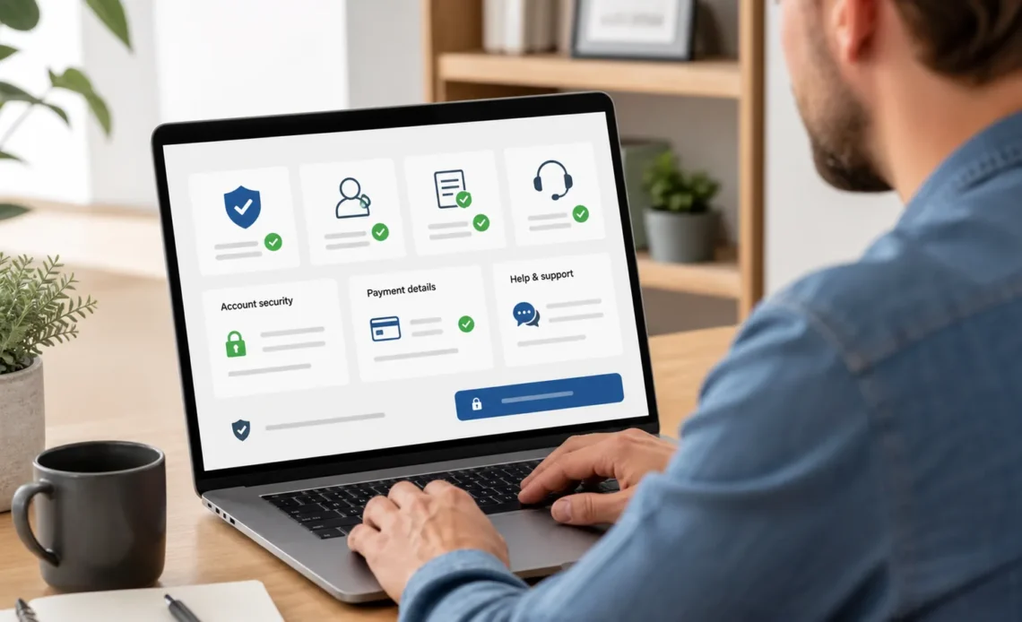 User reviewing account security, payment and support options on a laptop