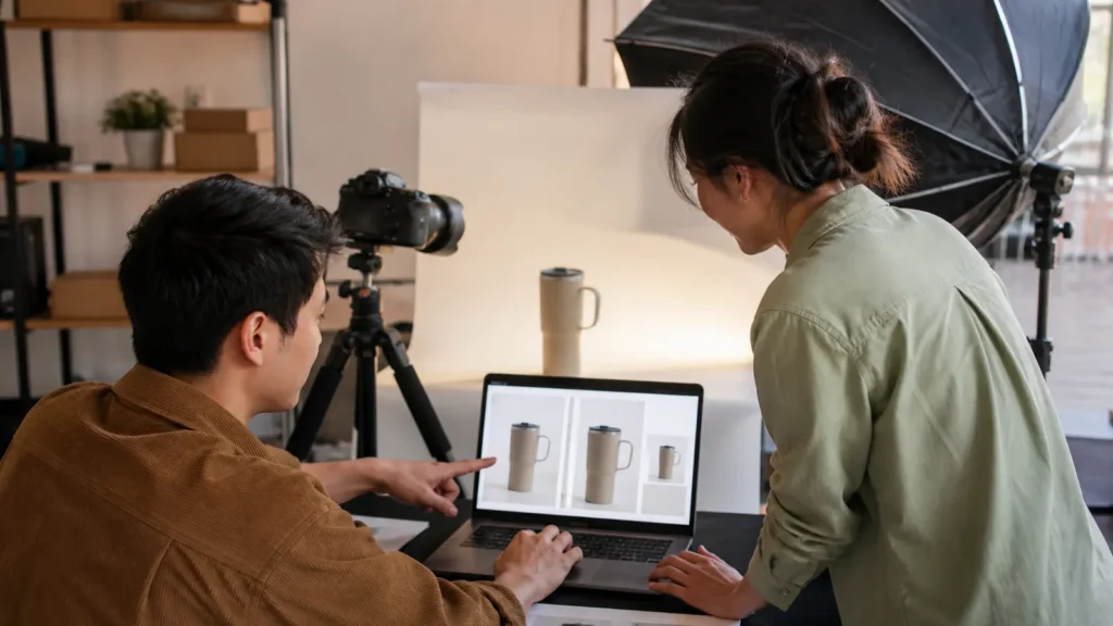 Ecommerce team reviewing product photographs in different advertising crops