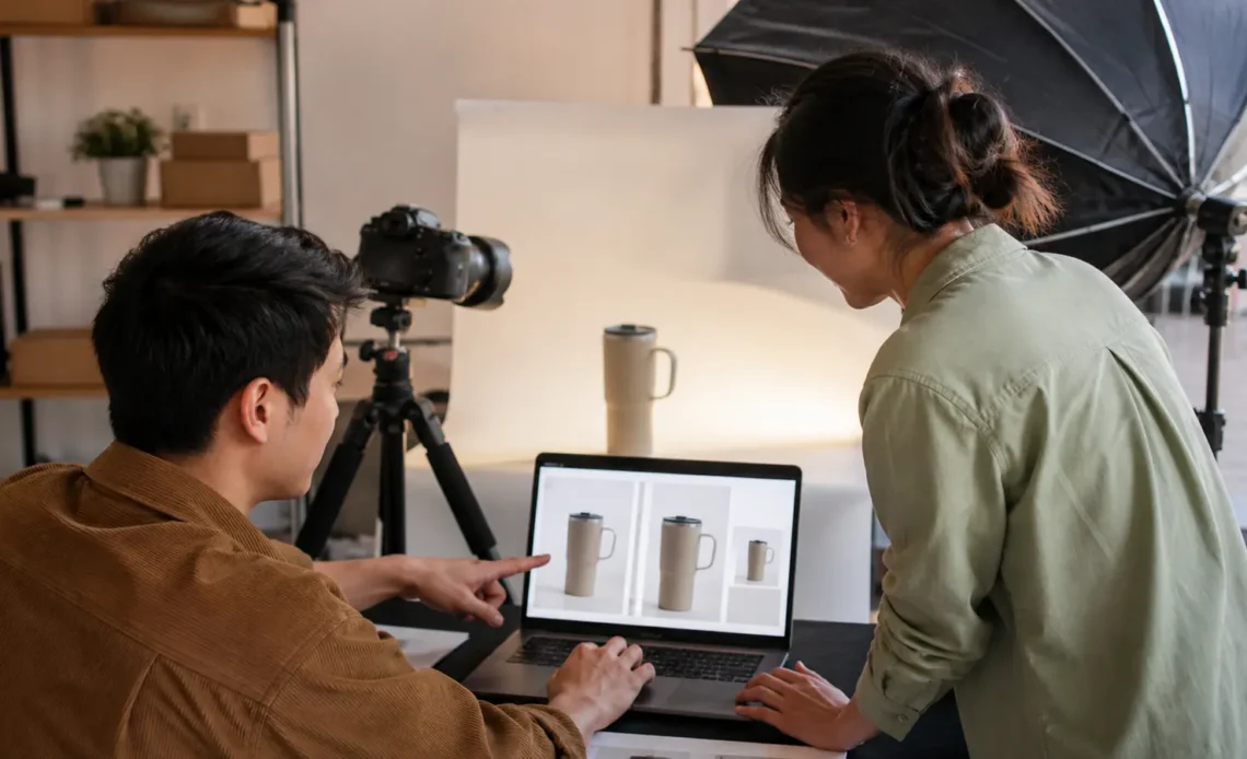 Ecommerce team reviewing product photographs in different advertising crops