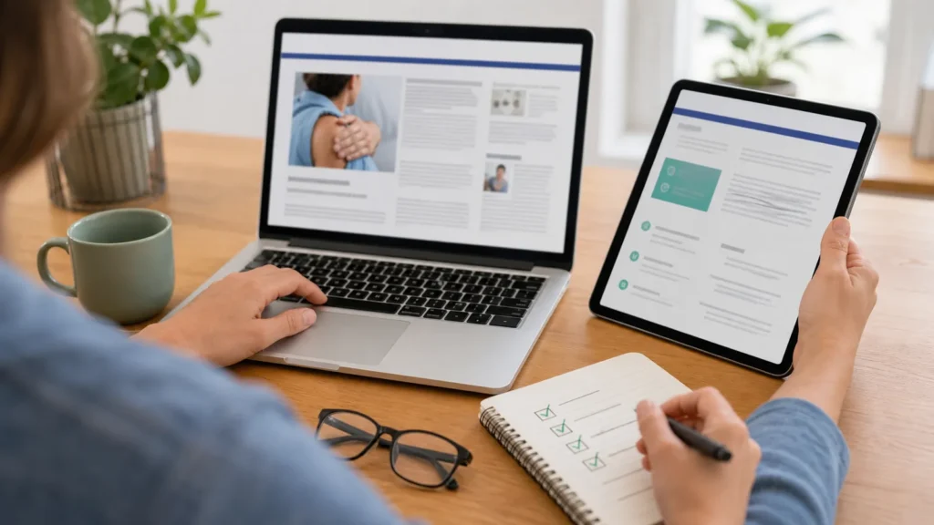 Reader comparing an online health article with a second source and a written checklist