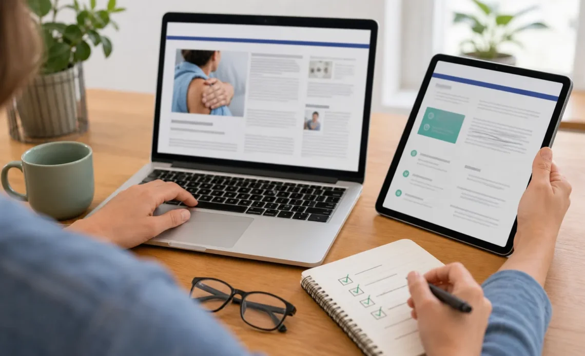 Reader comparing an online health article with a second source and a written checklist