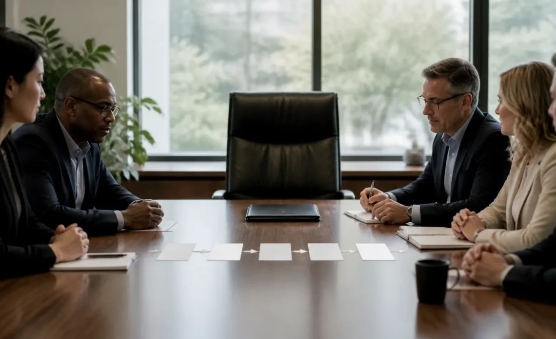 Leadership team reviewing a succession timeline beside an empty executive chair