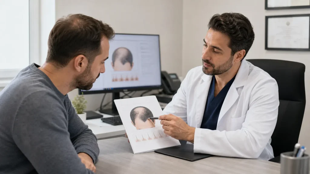 Patient reviewing a hair transplant plan with a medical professional before treatment
