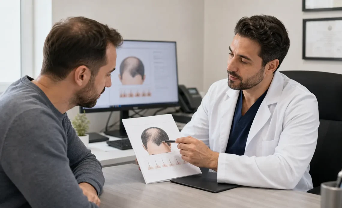 Patient reviewing a hair transplant plan with a medical professional before treatment