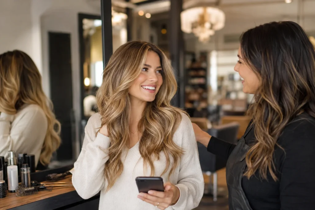 Happy salon client with freshly styled hair talking with her hairstylist after the appointment