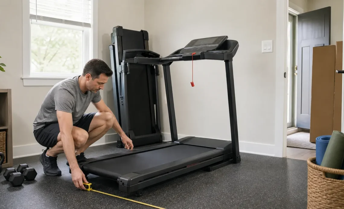 Homeowner measuring a treadmill and checking its safety key, controls and delivery dimensions