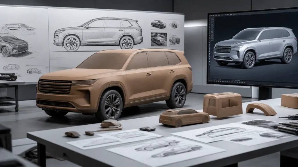 Unbranded family SUV being reviewed through clay models, sketches and a digital surface model